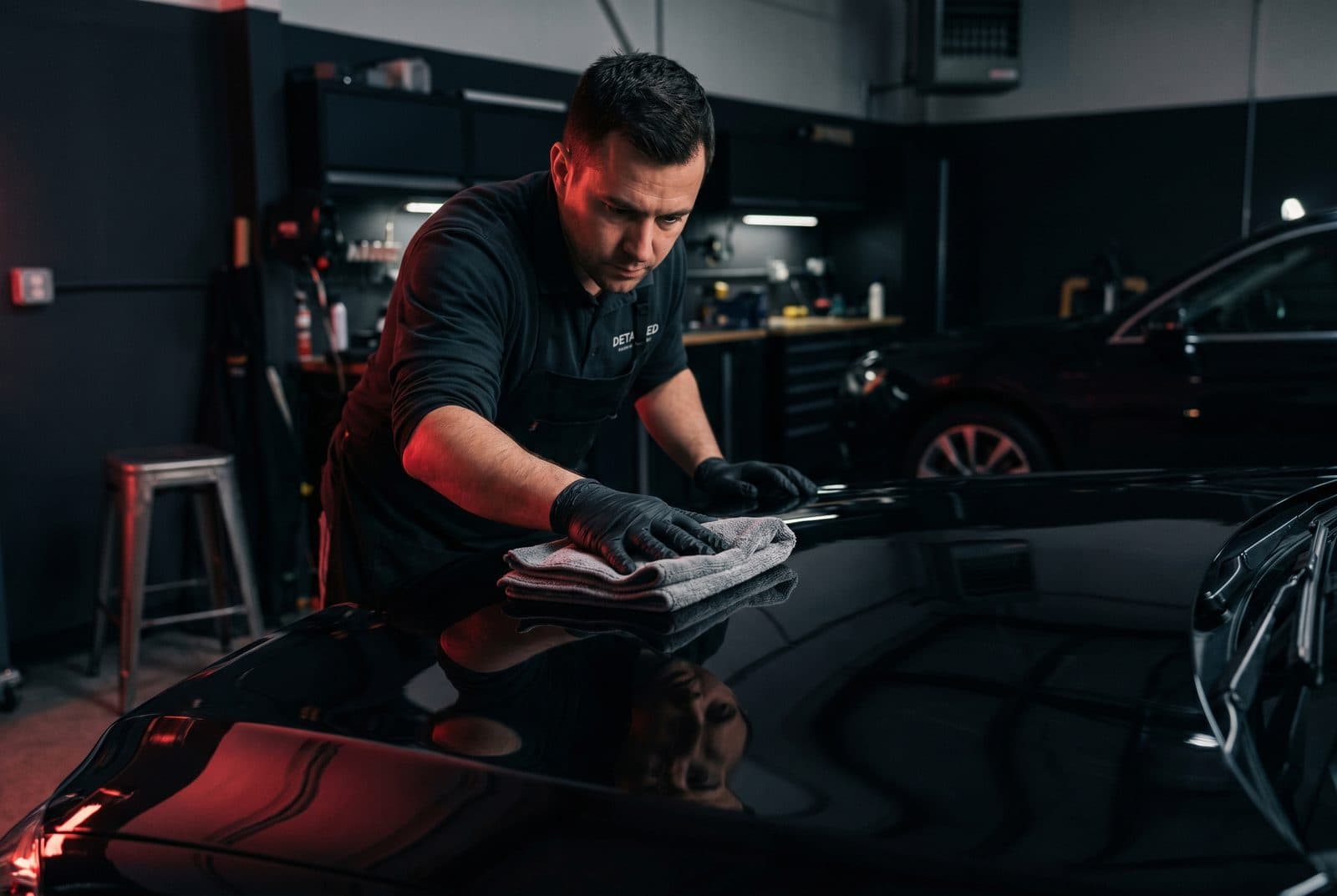 Detailer buffing a luxury car
